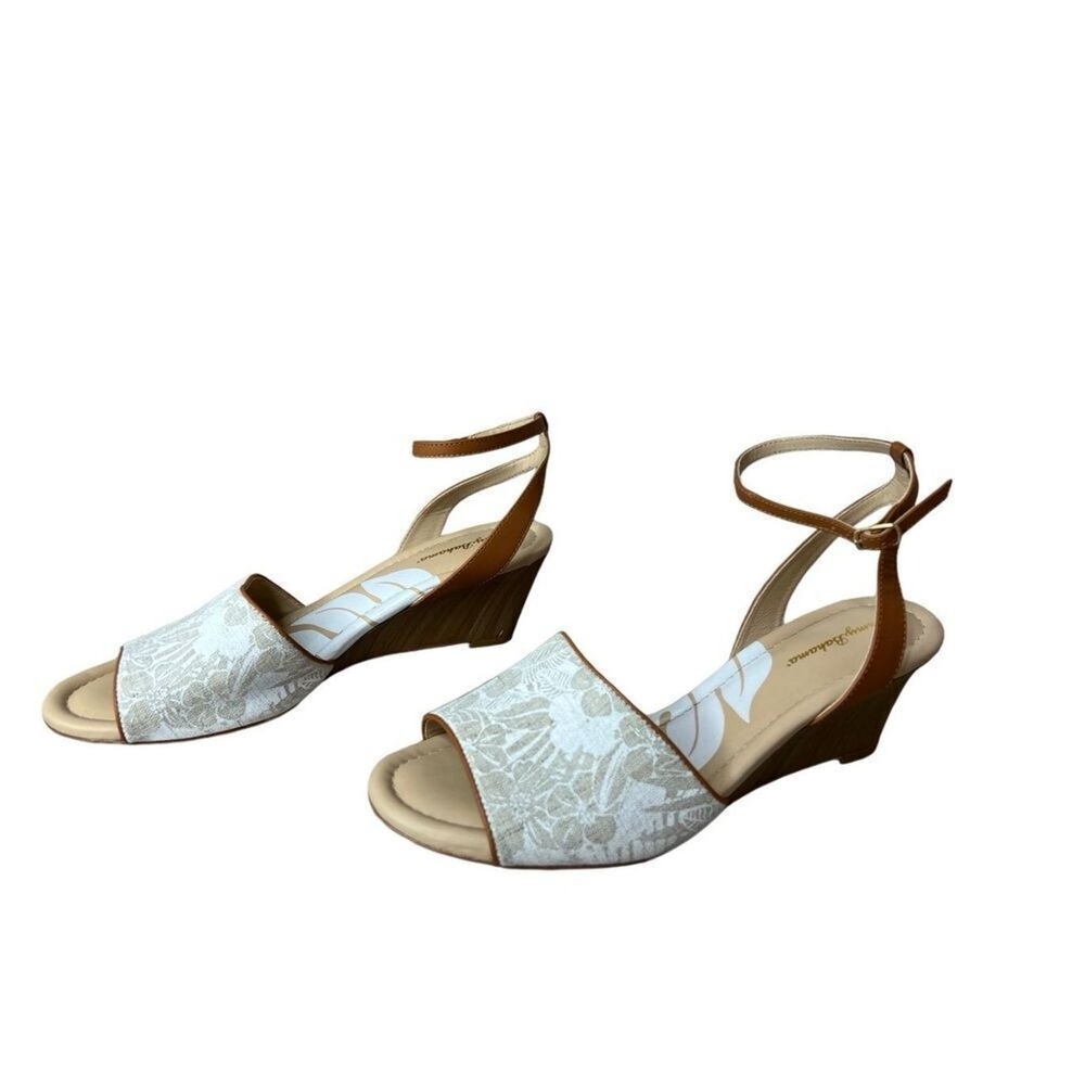 Tommy Bahama Ivy Walk Cream Canvas Wedge Sandals 10 Linen Leather Combo Ankle
